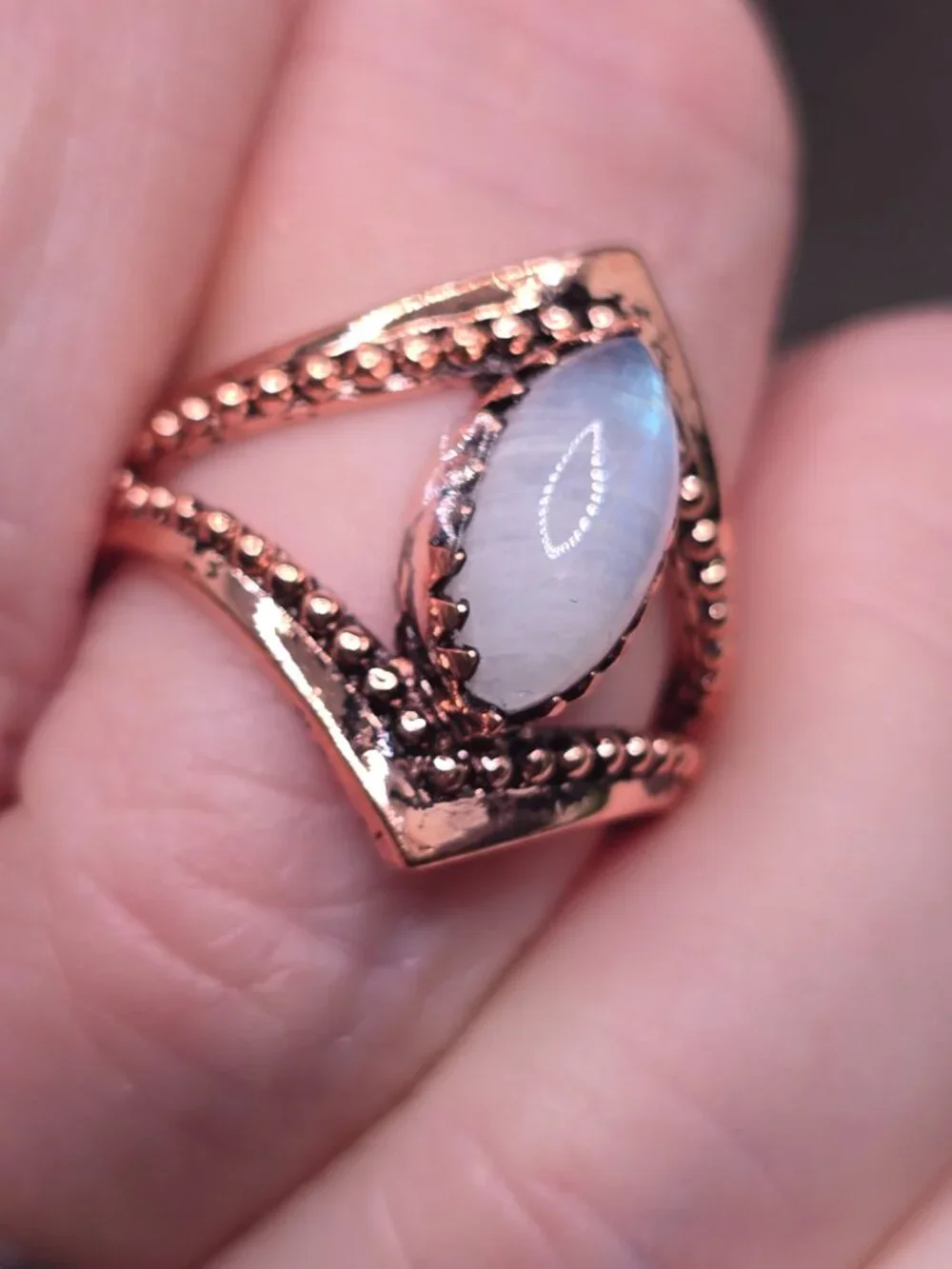 Moonstone Copper Marquise Ring Size 7 Blue Flash Gemstone Jewelry